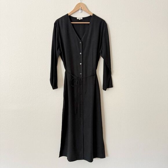 Ozma Mal Pais Duster Dress Size Large Black Raw Silk Cupro Button Front Belted - Picture 3 of 14